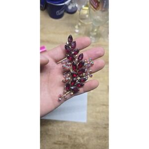 3" Brooch Pin, VTG Costume Rhinestone Red Crystals aurora borealis juliana era